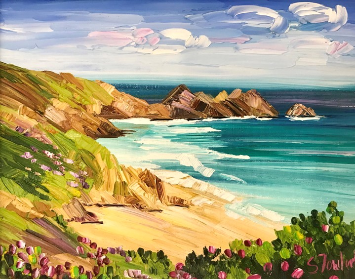 'Coastal Cliffs and Wildflowers, Porthcurno' by artist Sheila Fowler